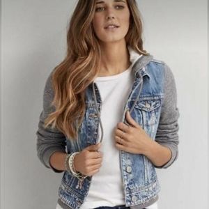 American Eagle Hoodie Sweater Acid wash Denim Jean Jacket  SZ L